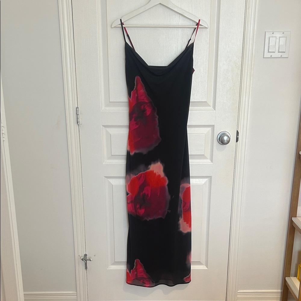 Dynamite Black Dress with Red Floral Design